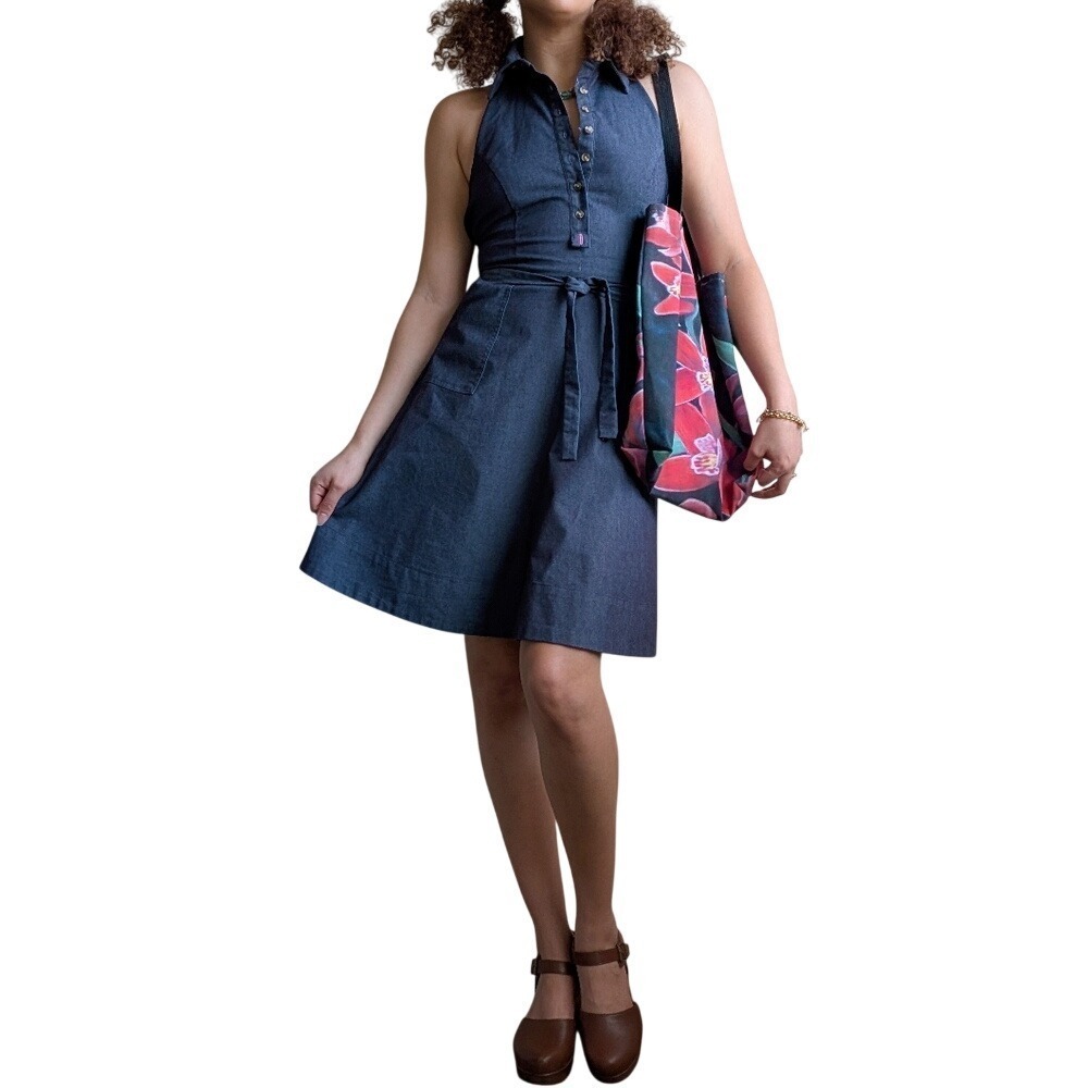 Vintage Isaac Mizrahi 00s Mod 1960s Style Blue Chambray Halter Dress
